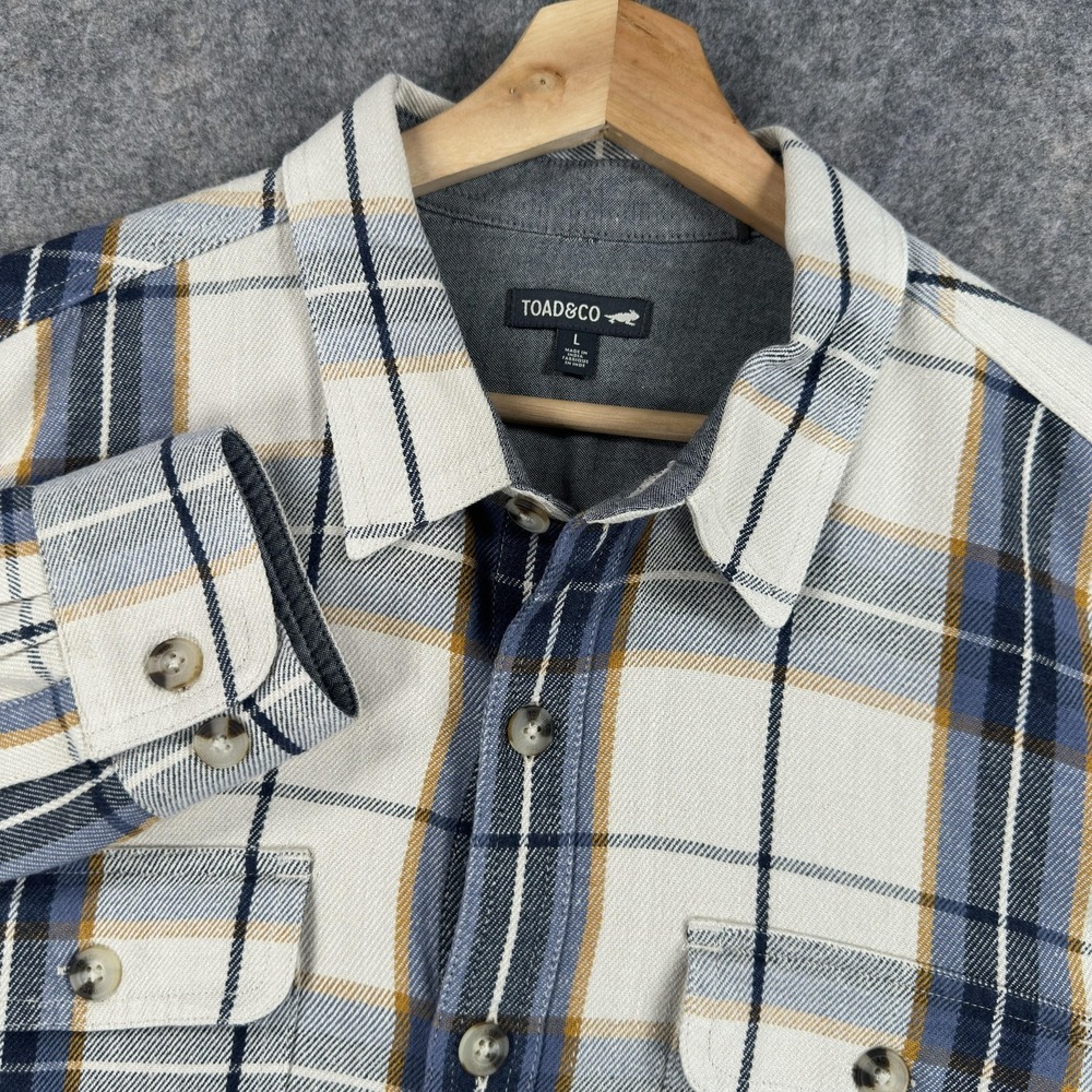 Toad&Co Shirt Mens Large White Blue‎ Plaid Flannel Long Sleeve Button Front